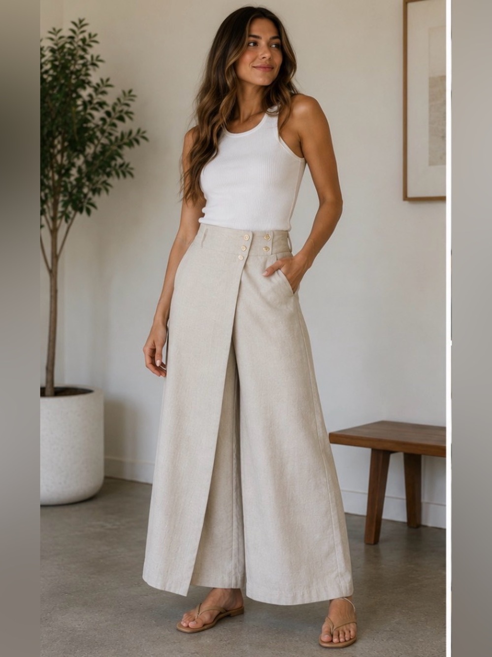 Club Monaco Taupe Wide-Leg Culottes with Button Accent
